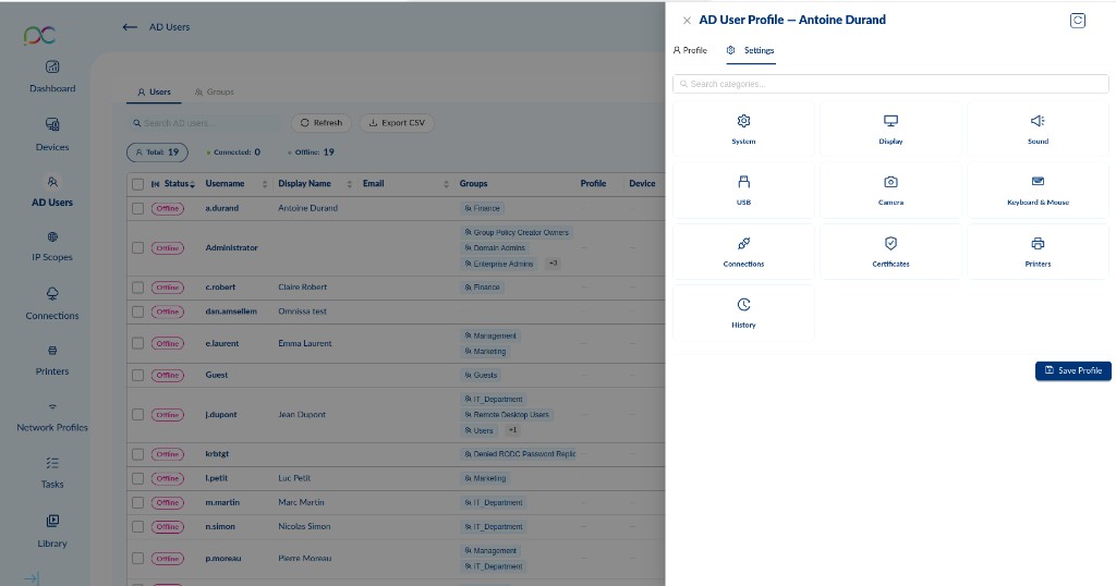 AD User Profile — Settings tab