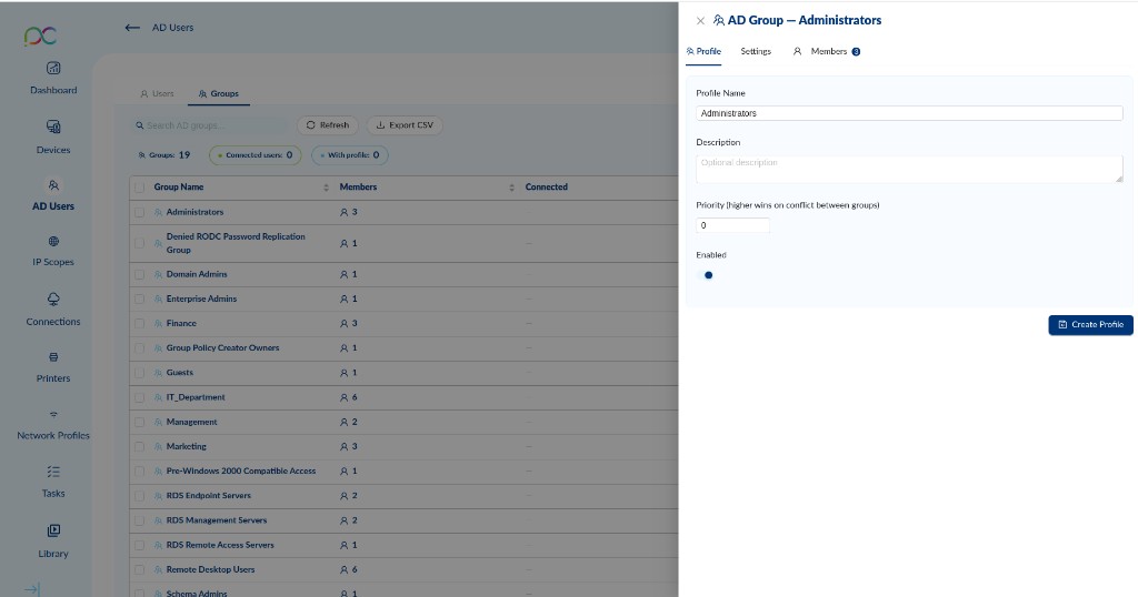 AD Group — Profile tab