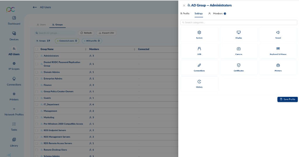 AD Group — Settings tab