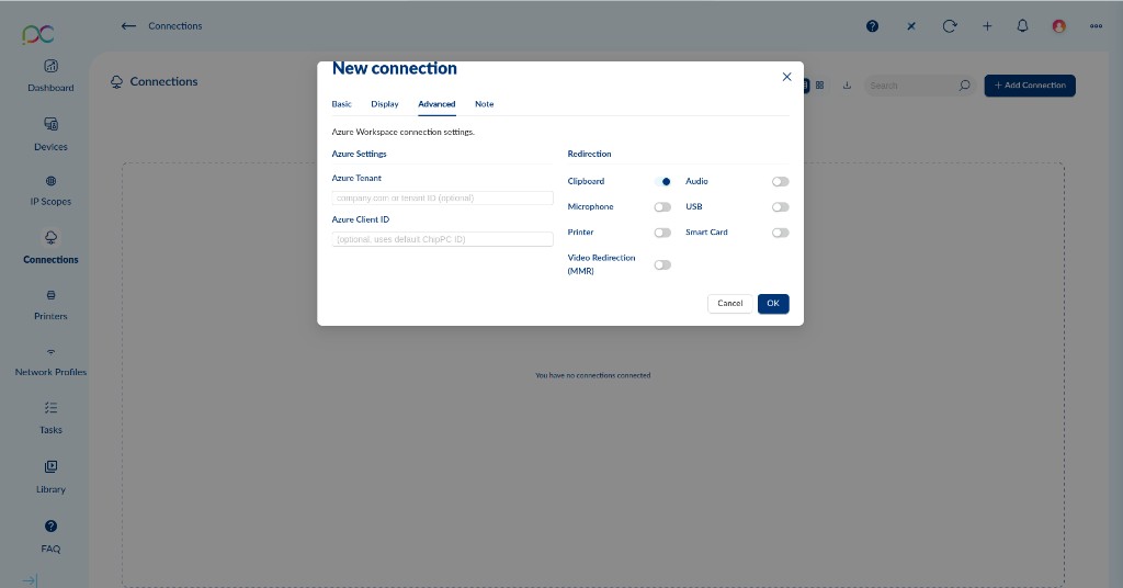 Azure Workspace Advanced tab