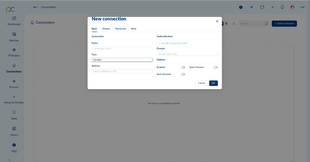 Parallels RAS Basic tab