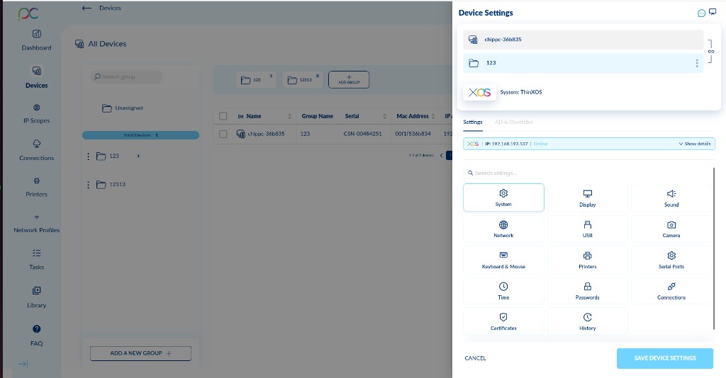 Device Settings panel