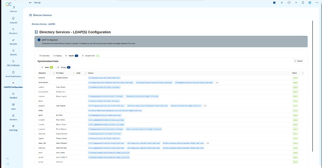 LDAP Results tab — synchronized users