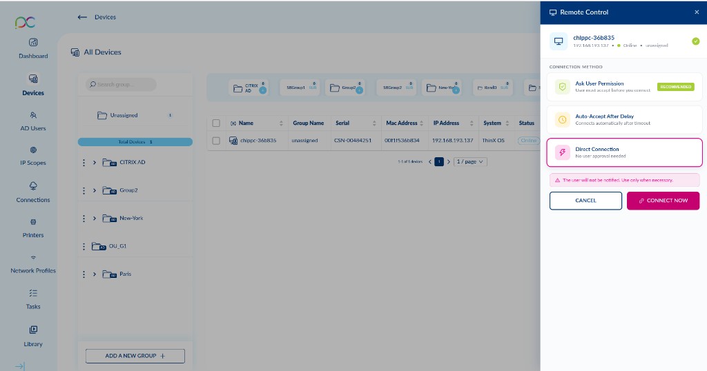 Remote Control — Direct Connection mode