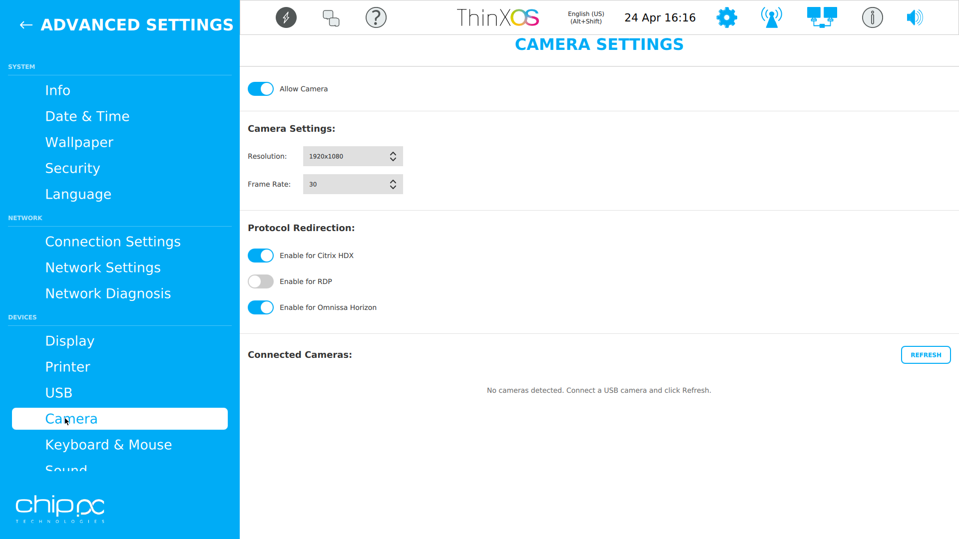 ThinX OS Camera settings