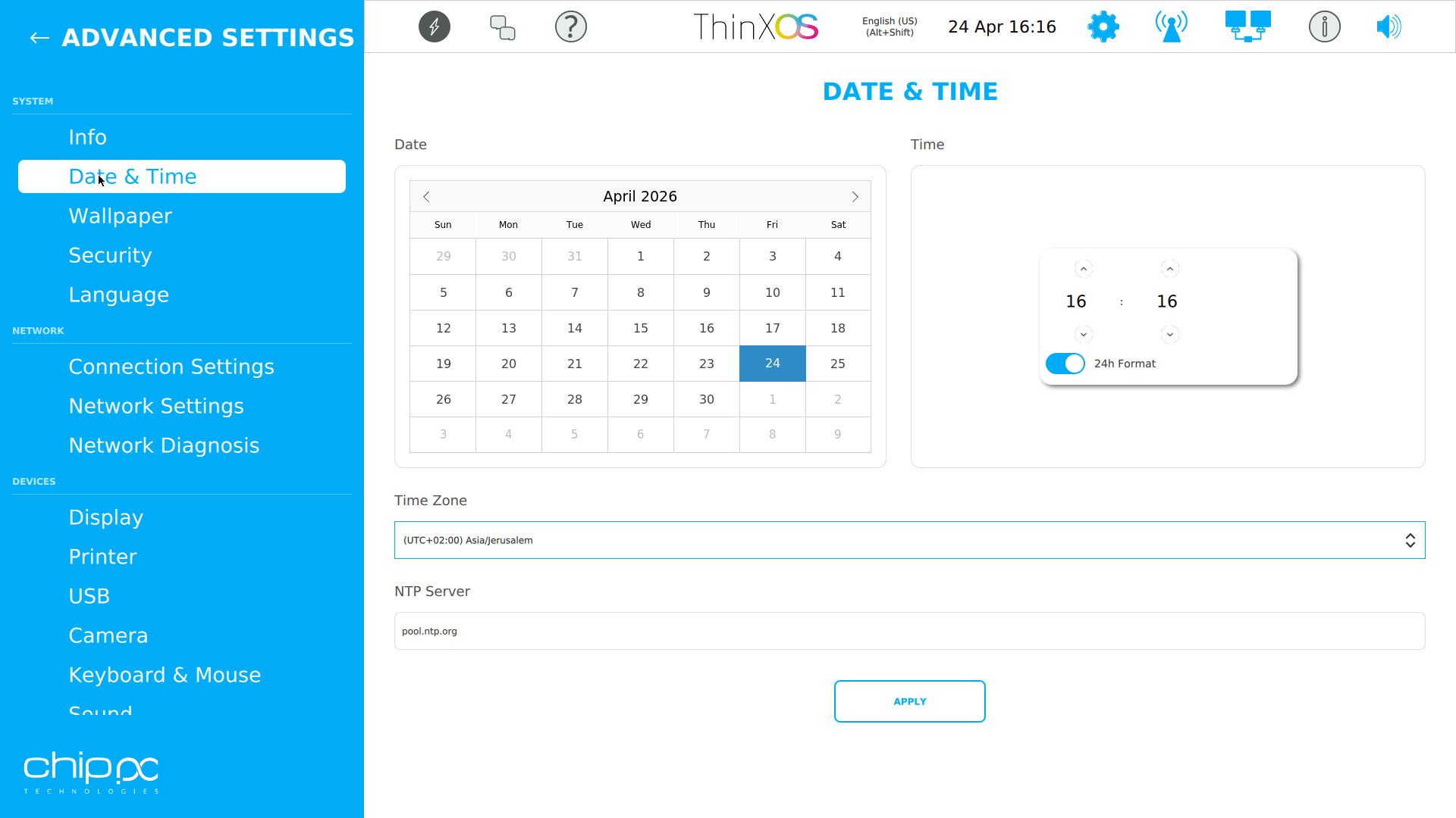 ThinX OS Date and Time settings