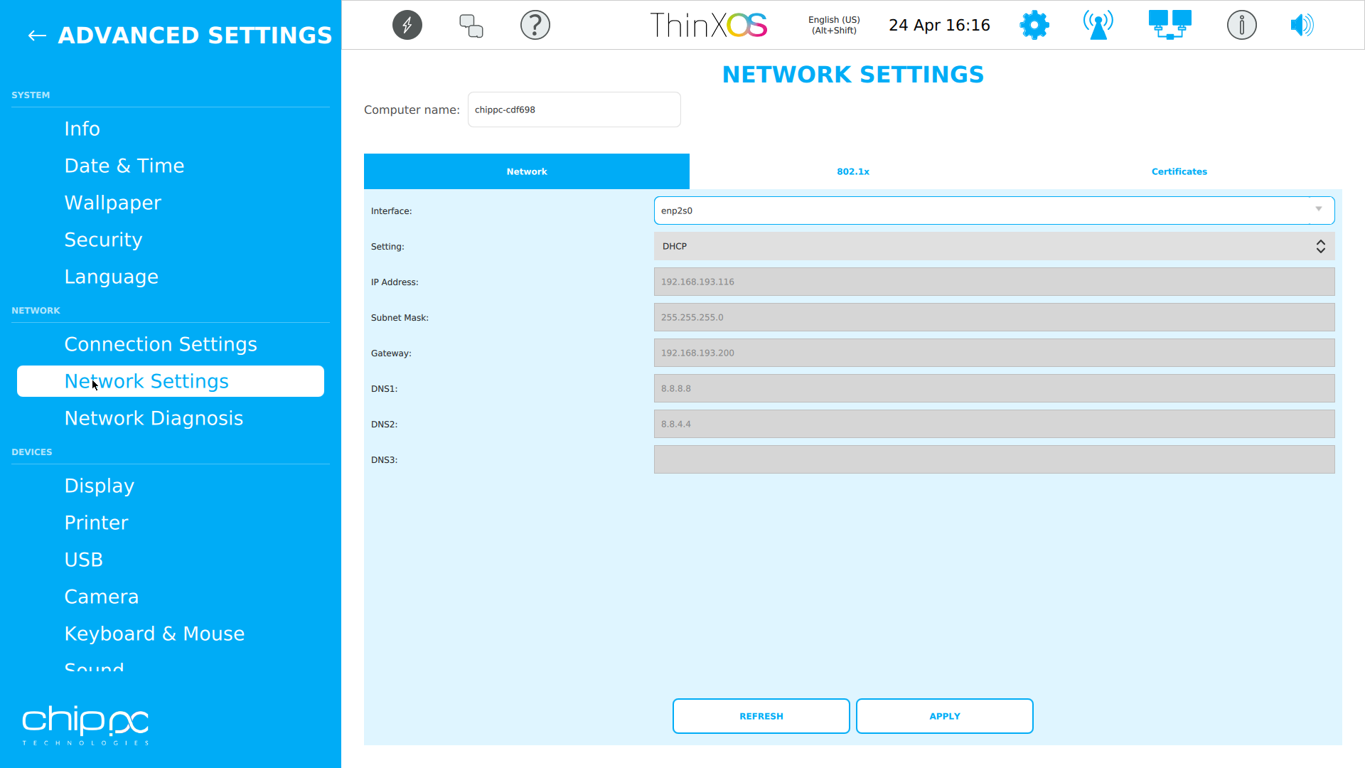 ThinX OS Network settings