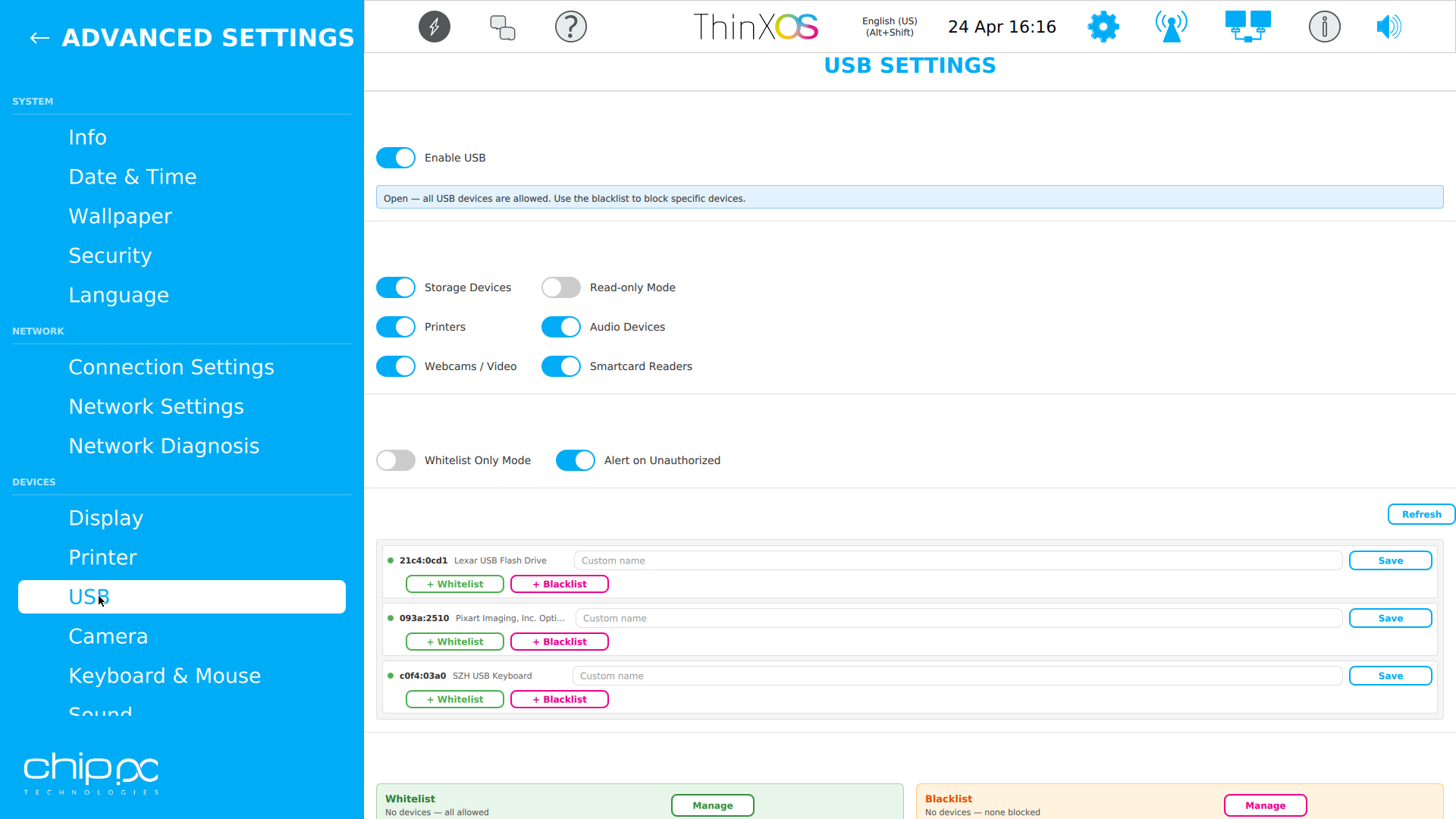 ThinX OS USB settings
