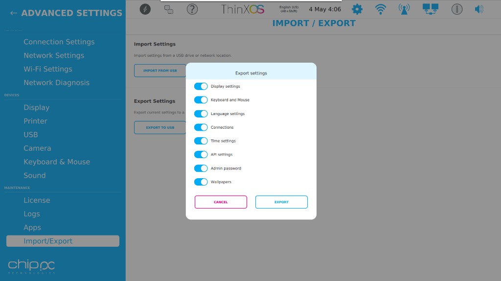 ThinX OS Export settings dialog