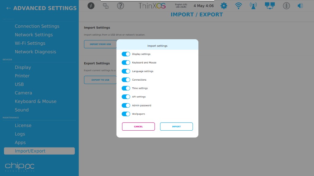 ThinX OS Import settings dialog