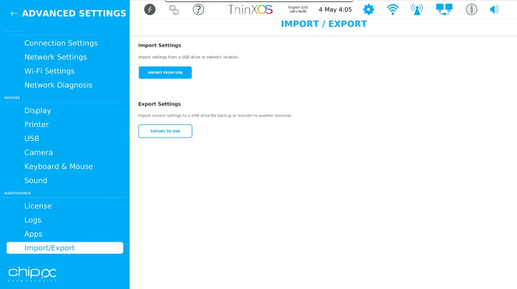ThinX OS Import/Export page
