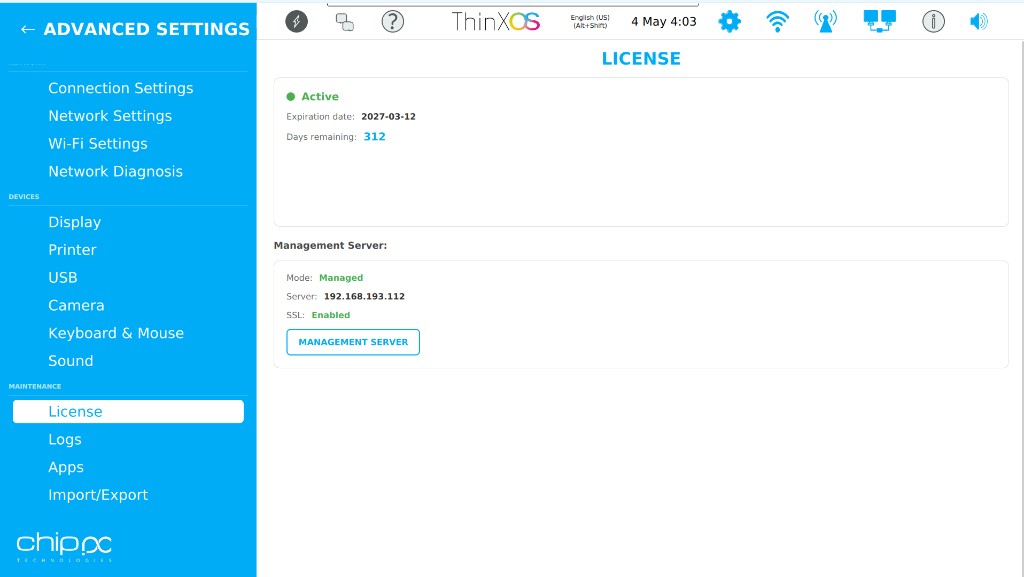 ThinX OS License page