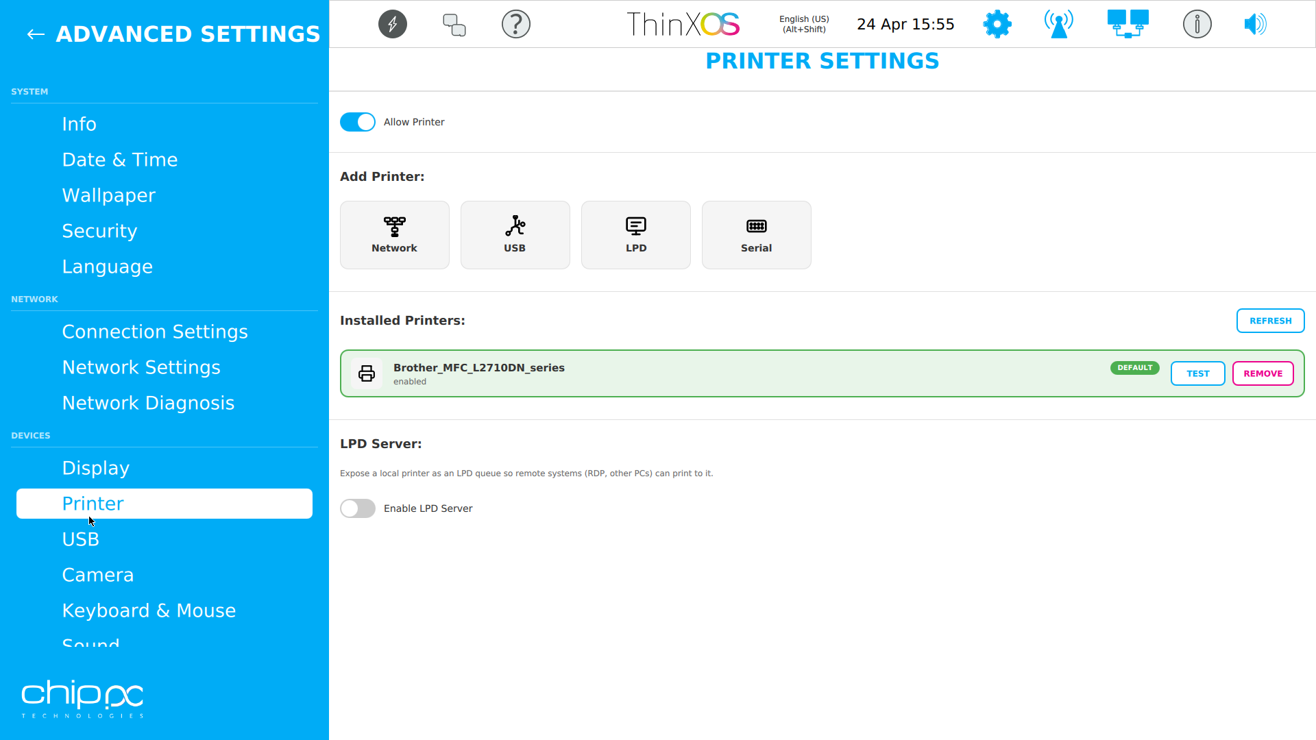 ThinX OS Printers panel