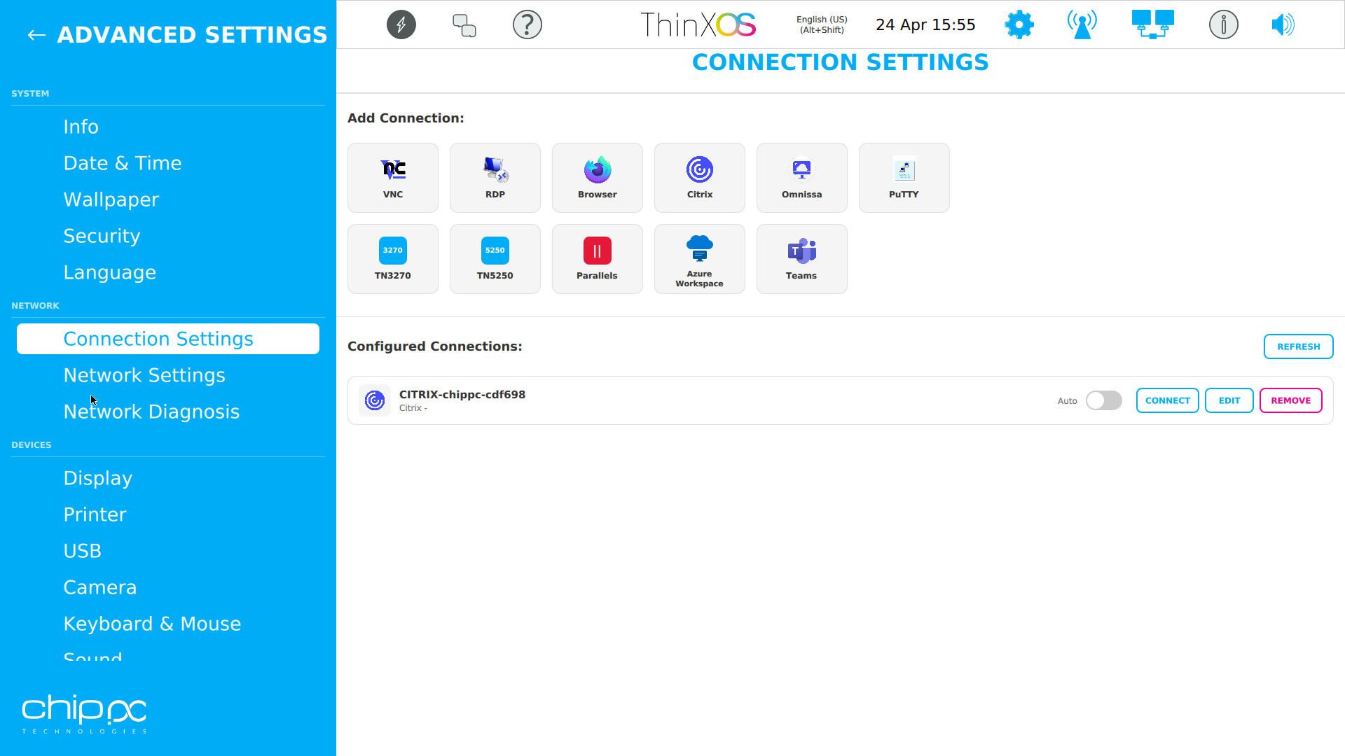 ThinX OS Connections panel