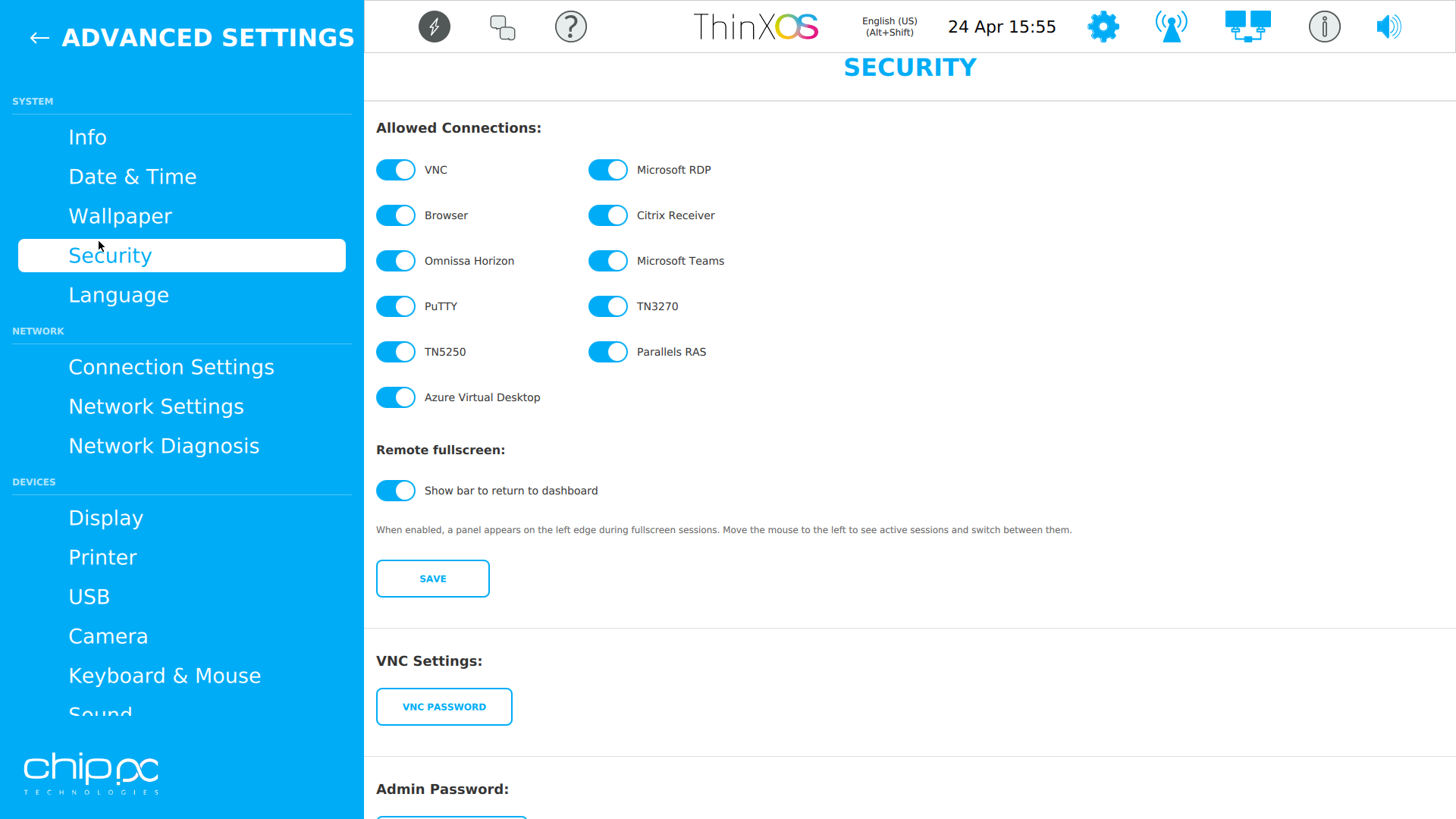 ThinX OS Security settings