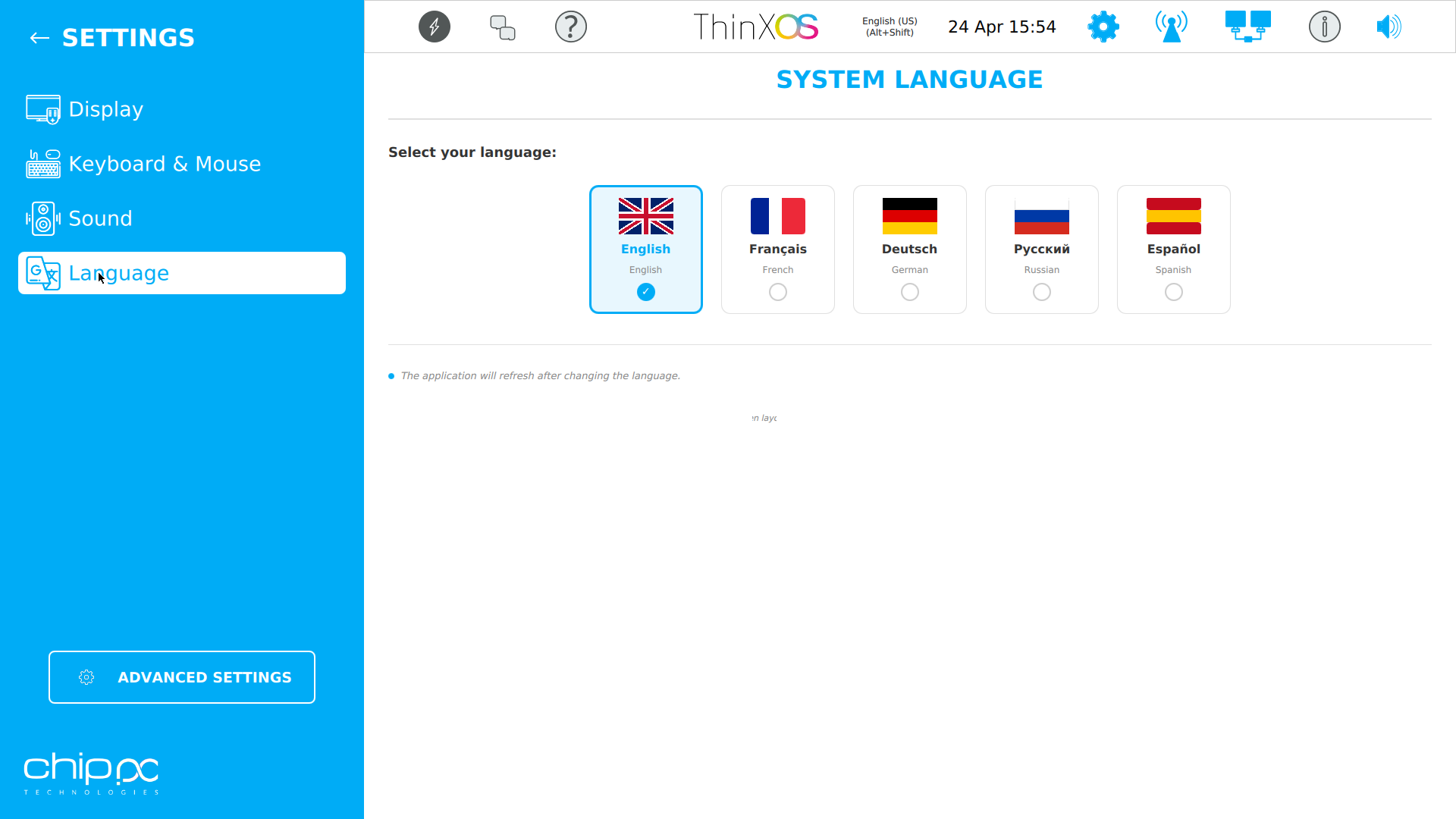 ThinX OS Language settings