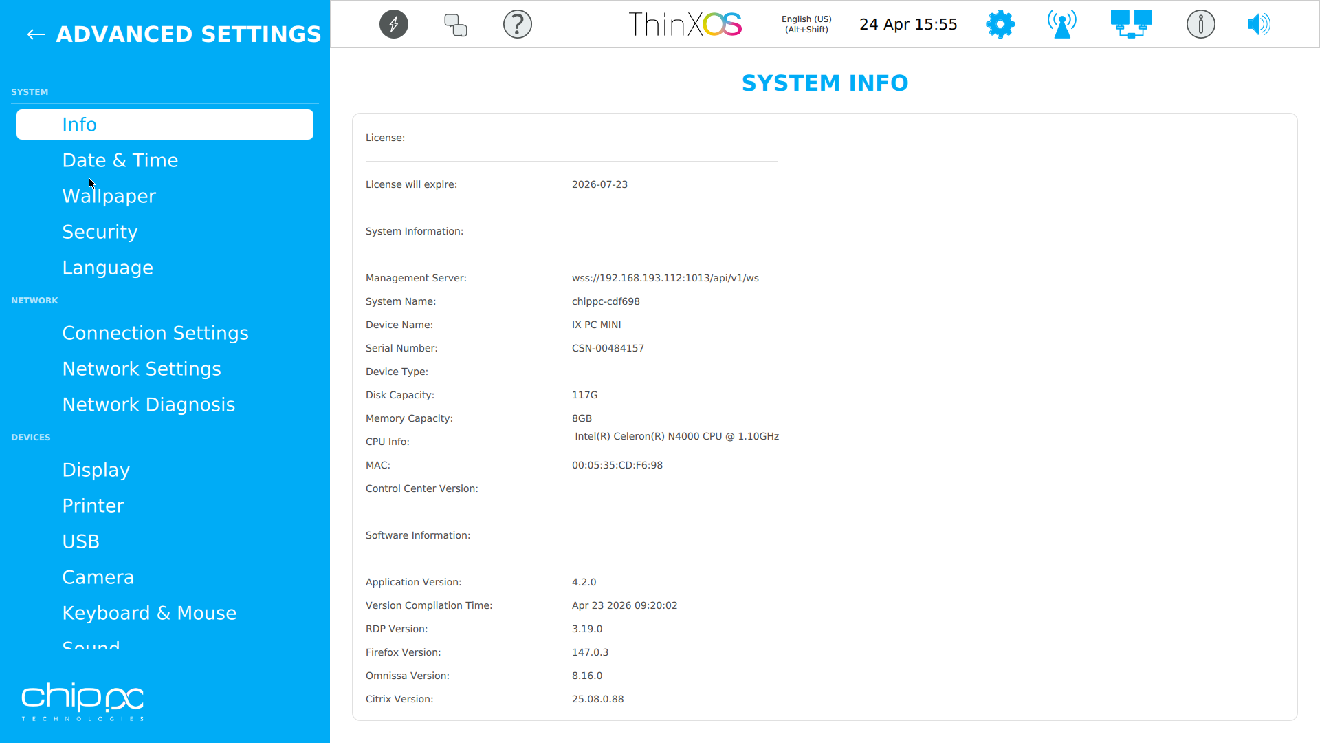 ThinX OS System Information panel