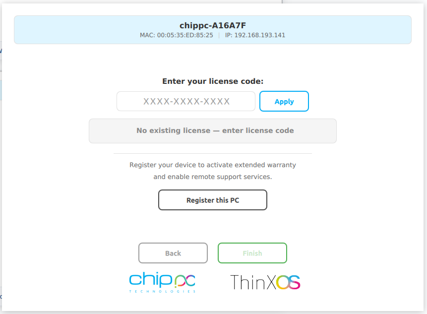 ThinX OS Setup — local license entry