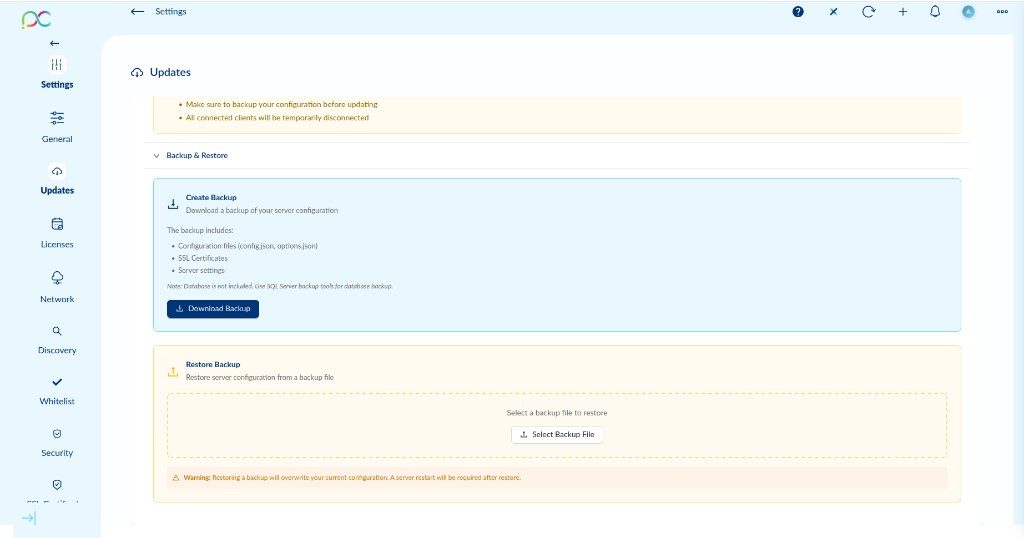 Backup and Restore section