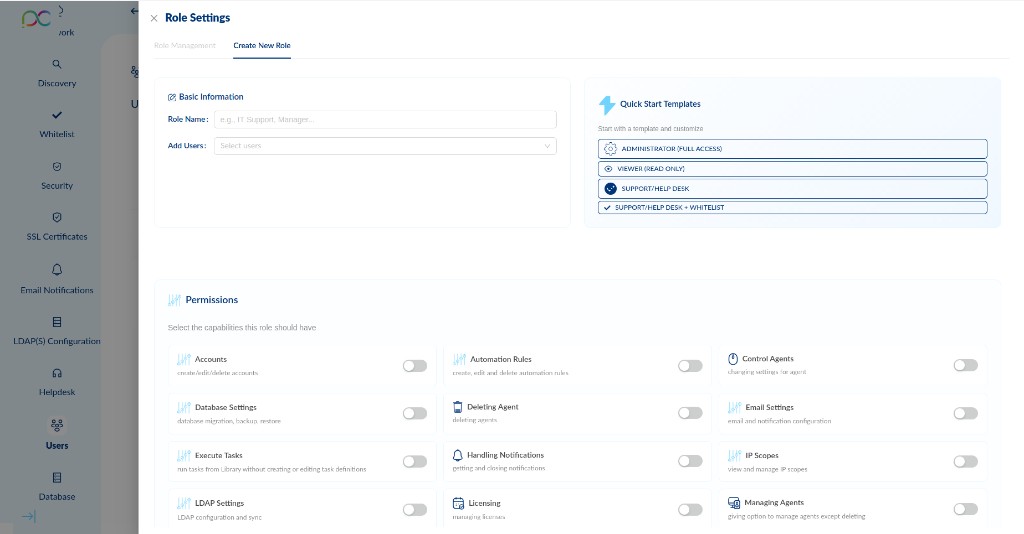 Create New Role — Basic Info and Quick Start Templates