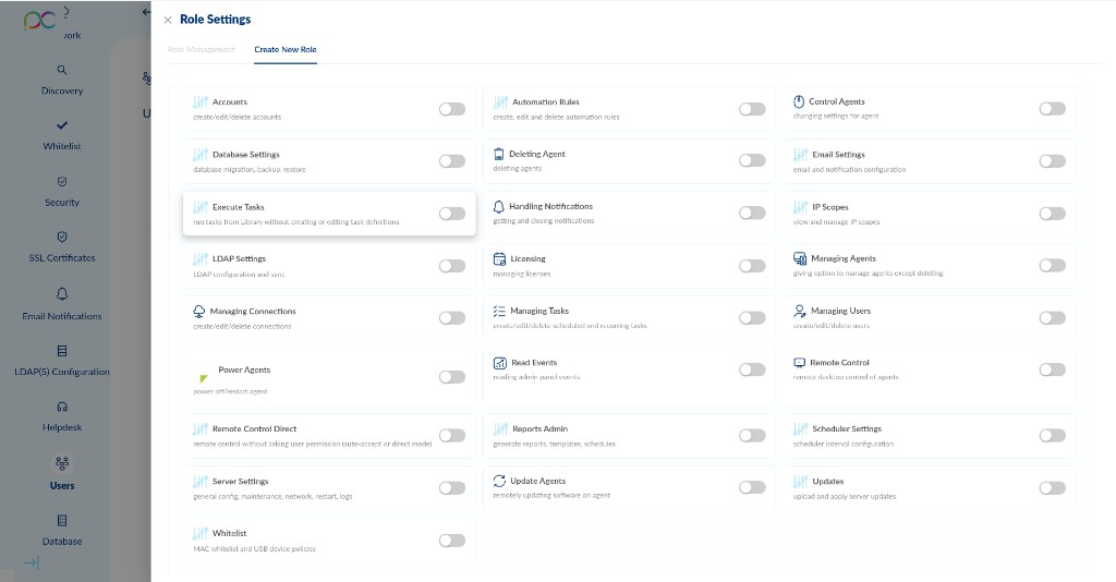 Create New Role — Full Permissions Grid