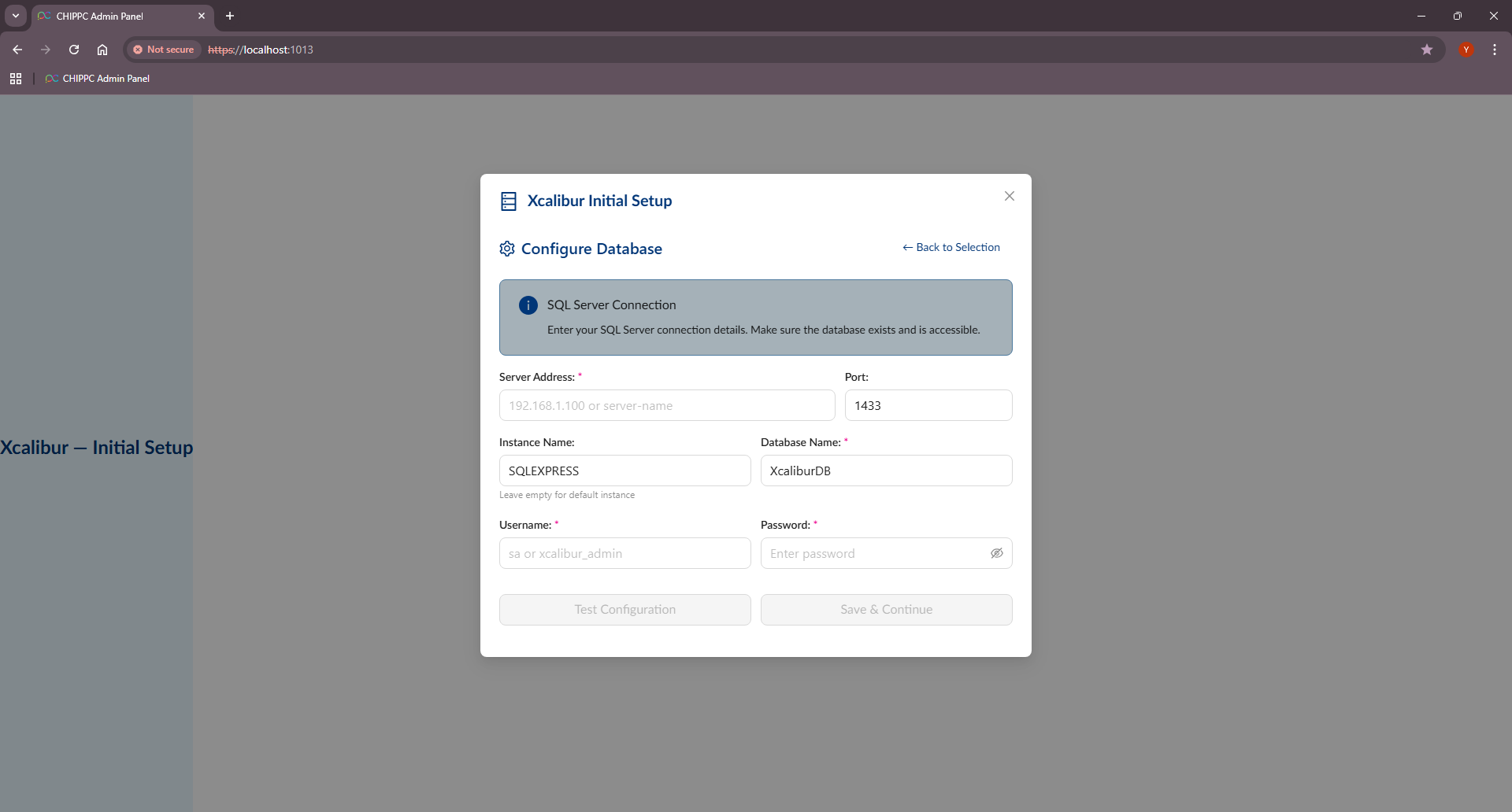 Configure Database (empty fields)