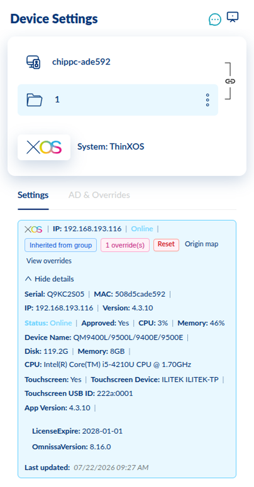 Touchscreen inventory on the device information panel