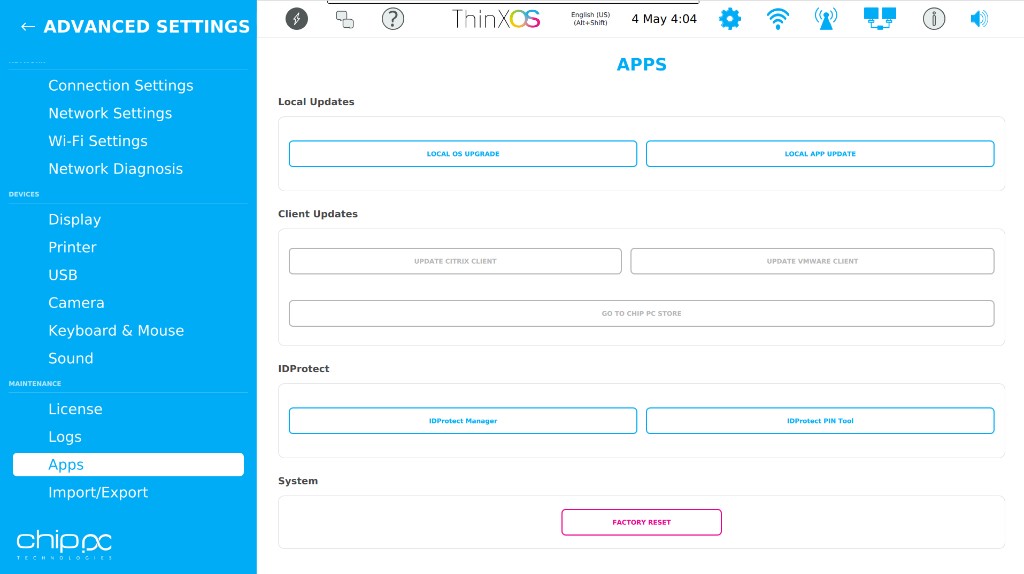 ThinX OS Apps page