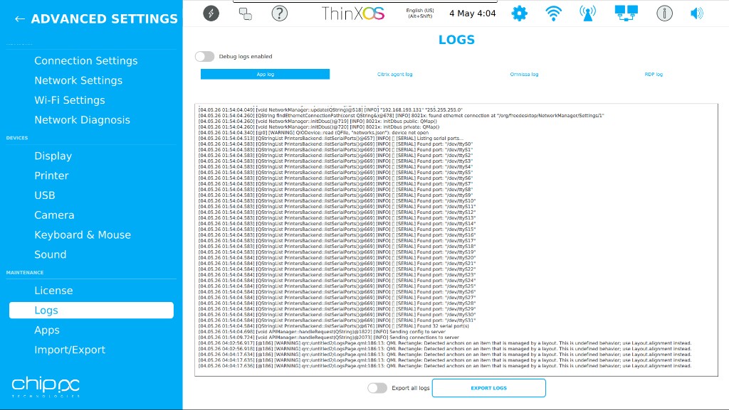 ThinX OS Logs viewer