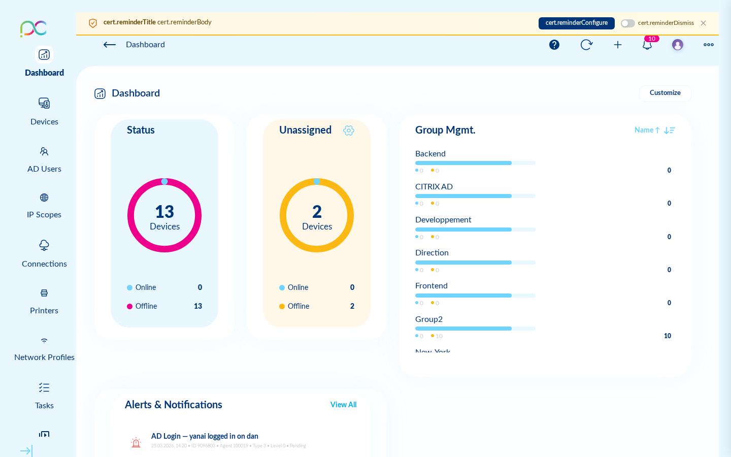 Xcalibur Global dashboard — real-time fleet overview, device status, hardware widgets and tasks summary